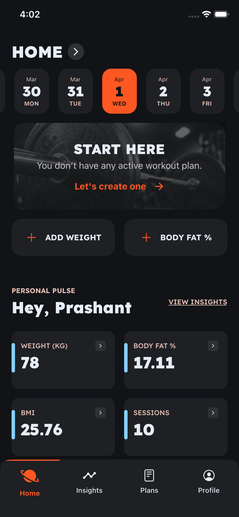 Home screen with start workout card