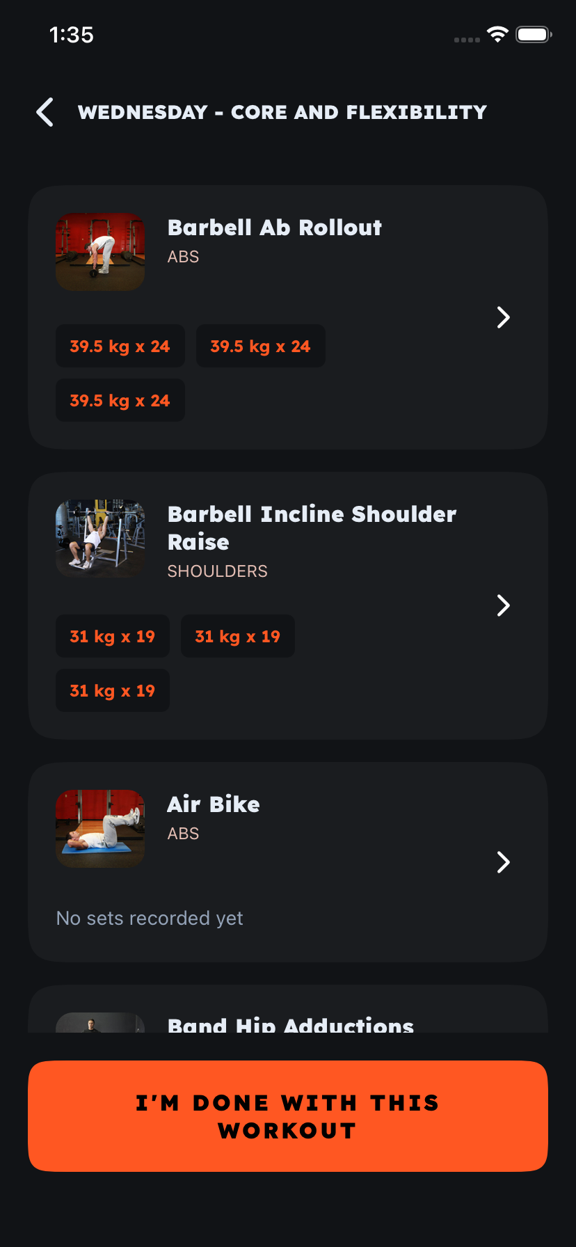 Workout list screen
